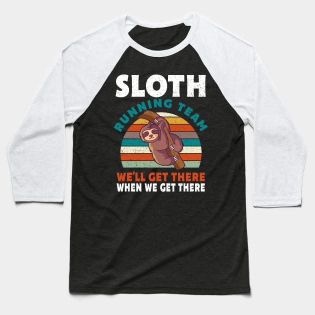 Sloth Running Team Gift Baseball T-Shirt by Delightful Designs